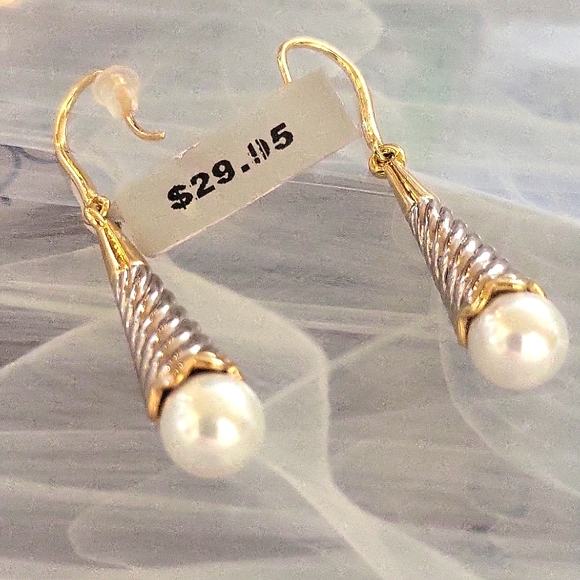 Earrings Cable Pearl Drop Two-Tone Design - Picture 2 of 5